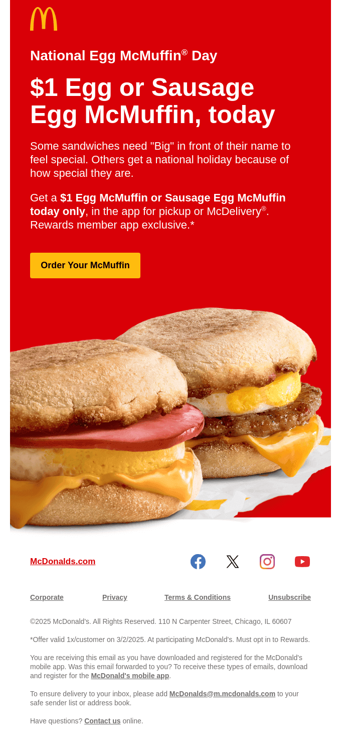 $1 Egg or Sausage Egg McMuffin®