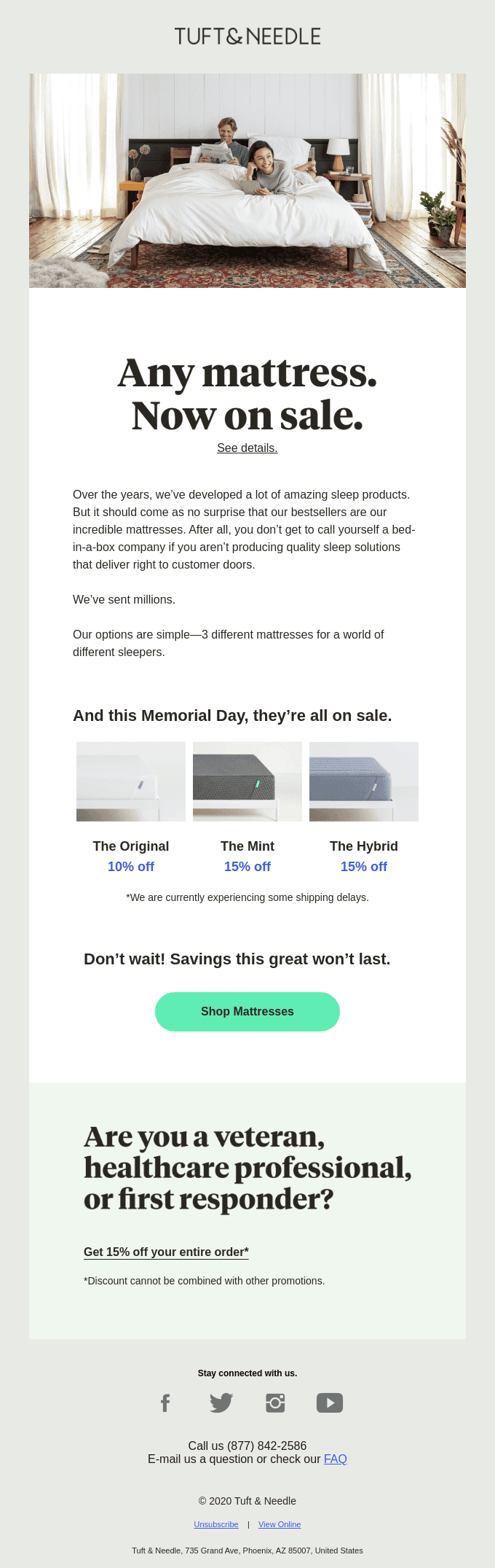10–15% off all mattresses.