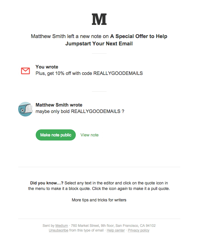 A note was added to “A Special Offer to Help Jumpstart Your Next Email”