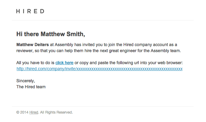 Matthew Deiters has invited you to join the Assembly account at Hired