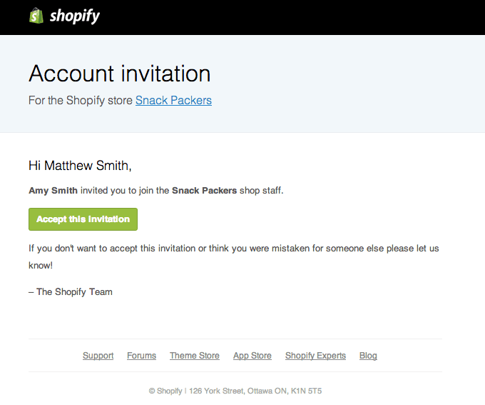 Account Invitation Email from Shopify