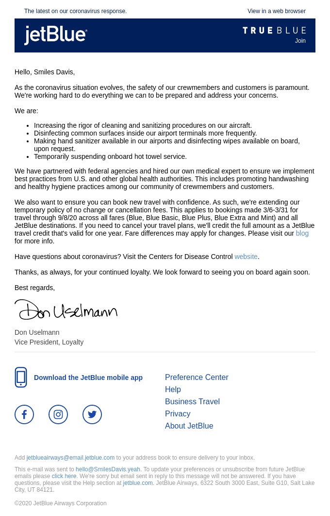 An update from JetBlue.