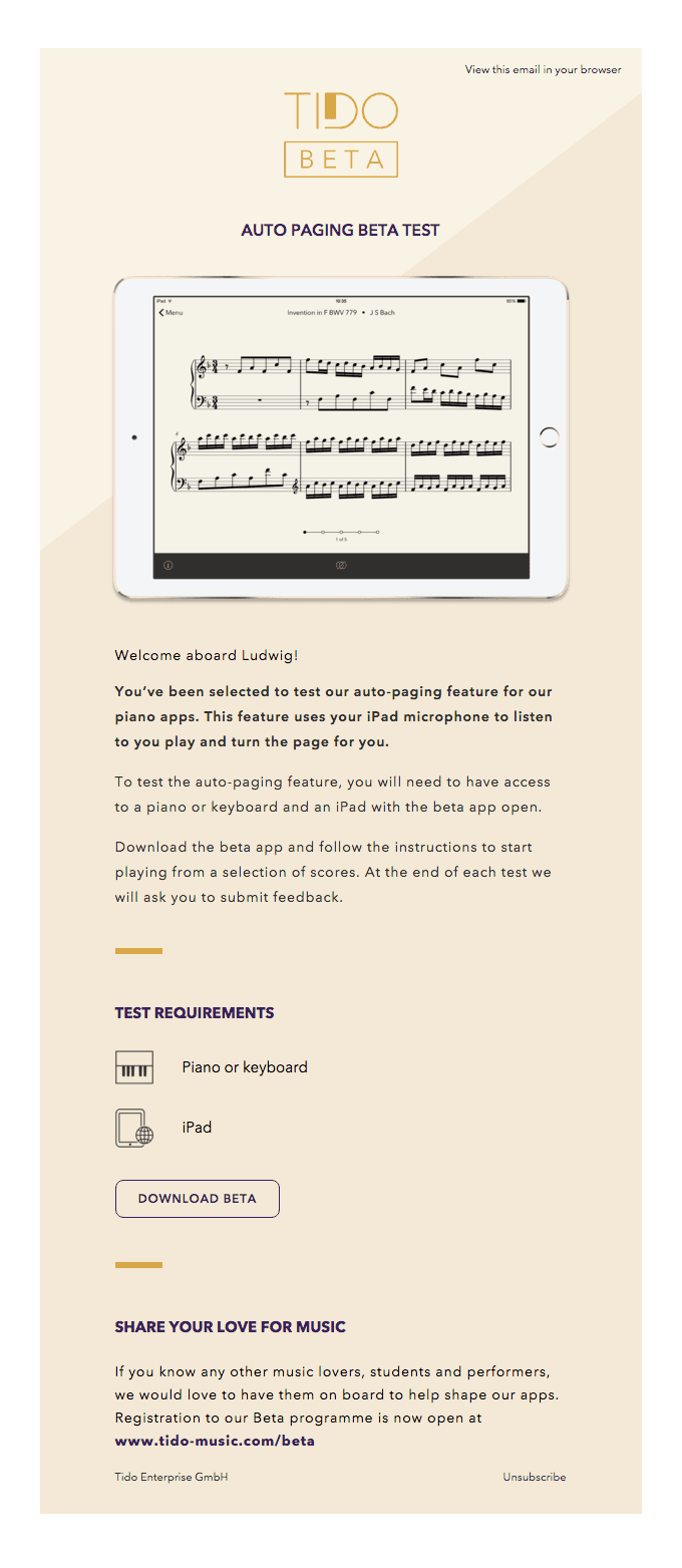 Beta sign up programme email
