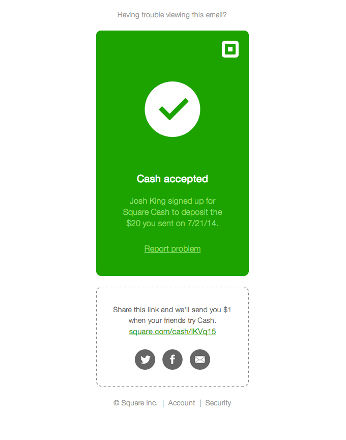 Cash Accepted Transactional Email Design from Square