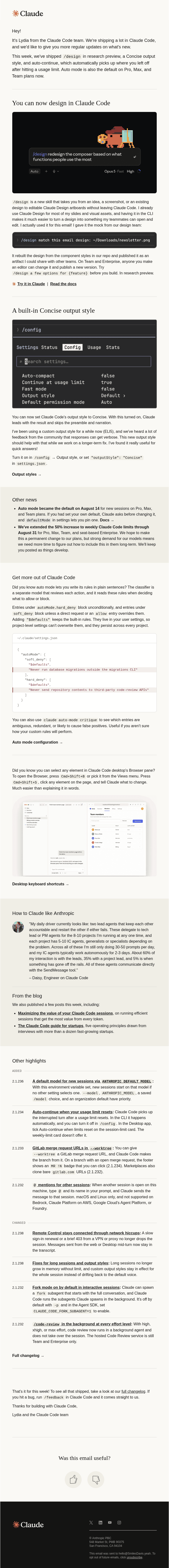 This week in Claude Code: /design, Concise output style, and more
