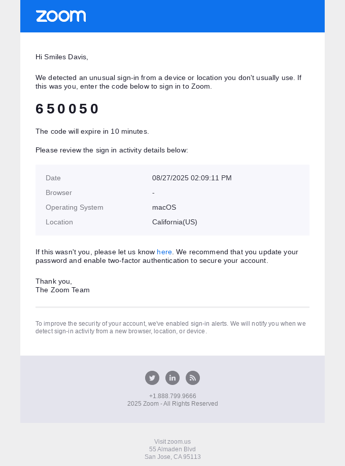 Code for signing in to Zoom