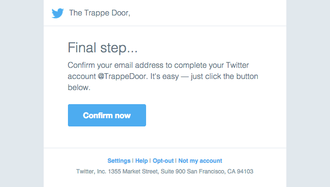 Confirm your Twitter account, The Trappe Door