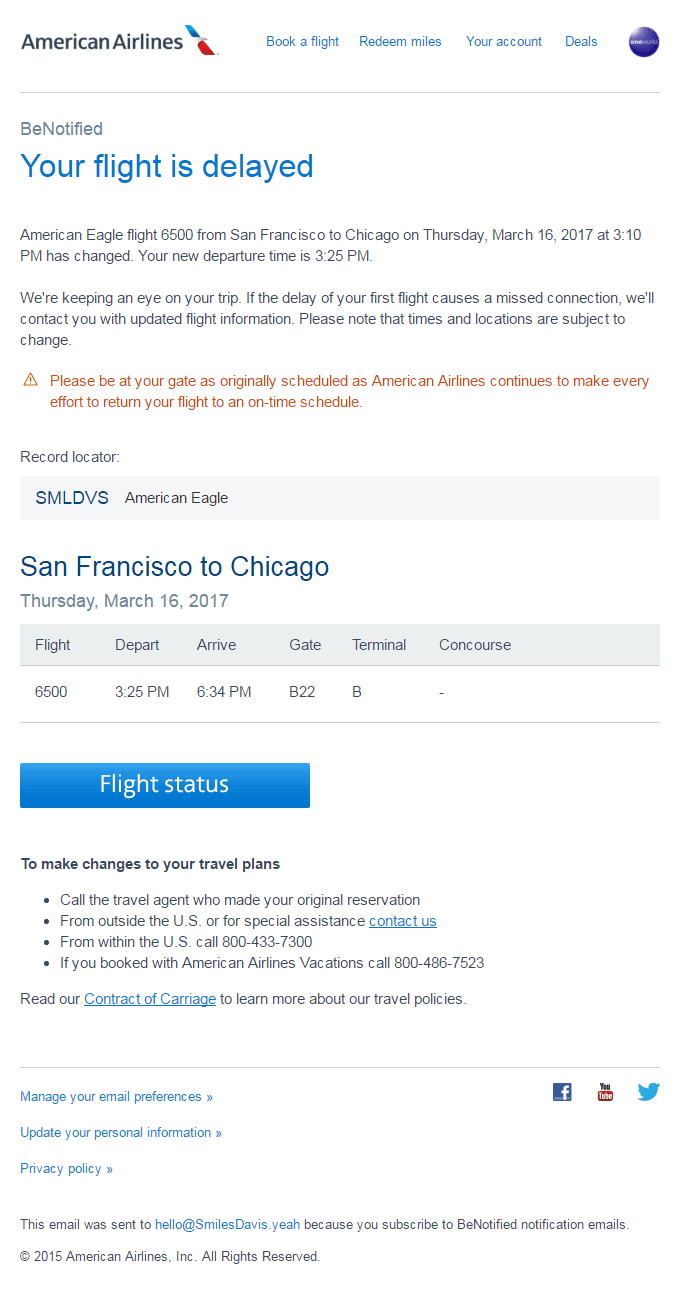 Flight Delay impacting SMILES DAVIS – Record locator: SMLDVS