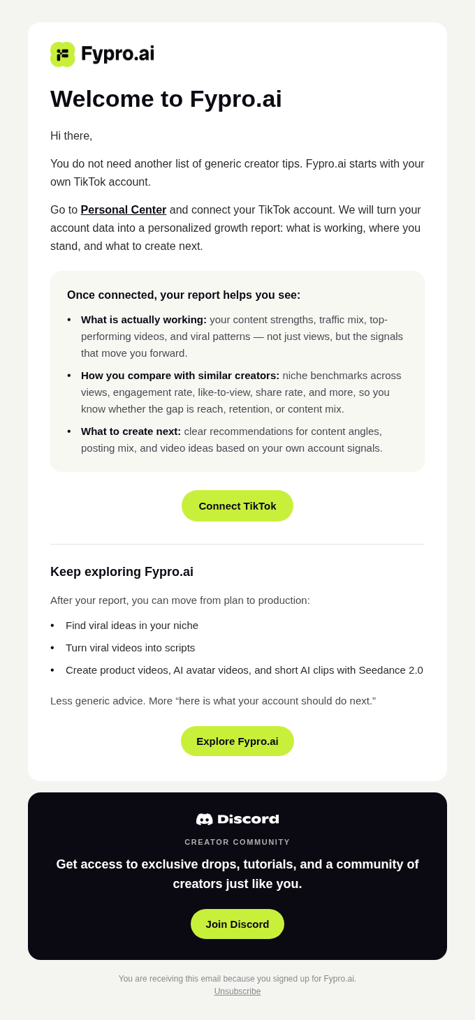 Welcome to Fypro.ai. Start with your TikTok report