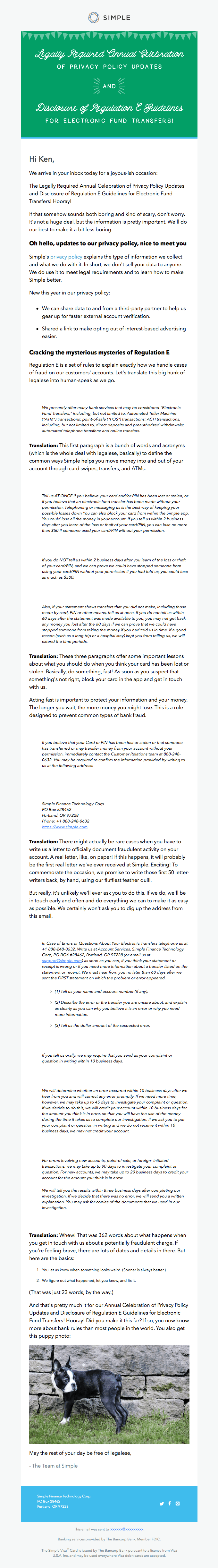 Great privacy policy update email from Simple