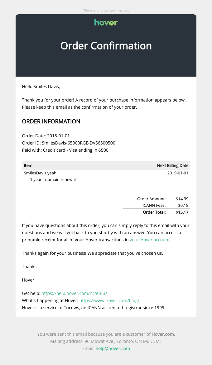 Hover Order Confirmation