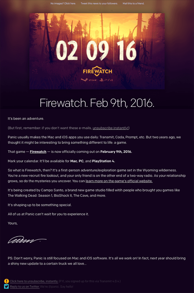 It’s official. Firewatch comes out on February 9th, 2016.
