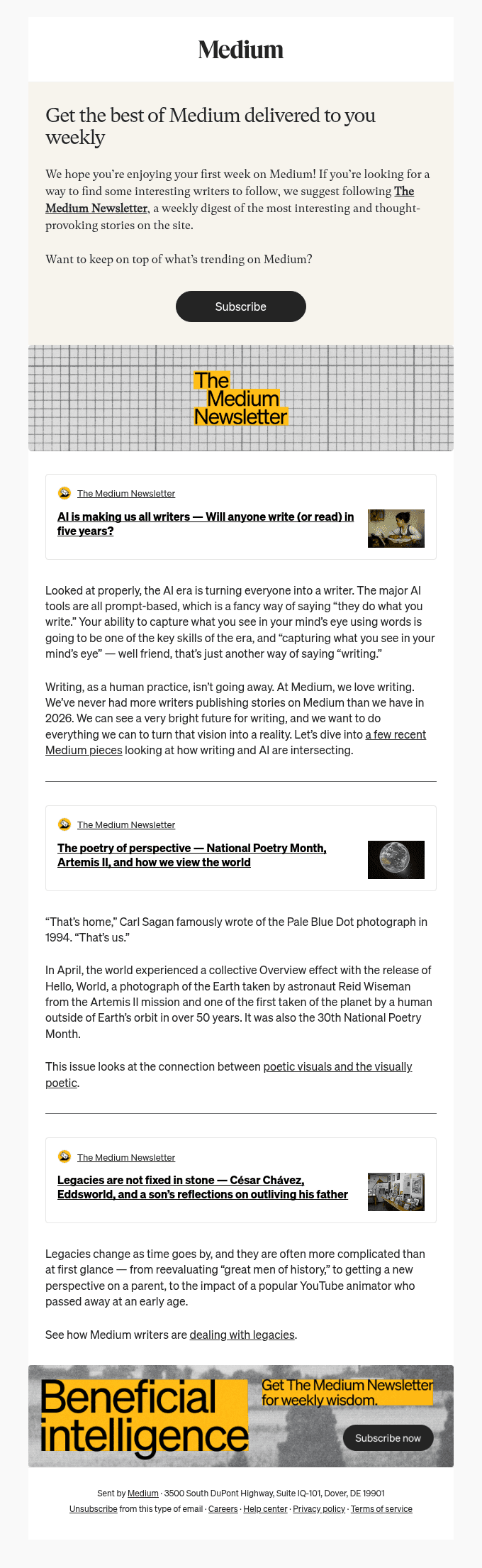 Your free sample of the Medium Newsletter
