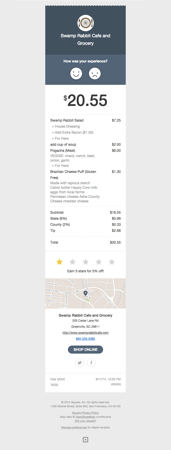 Receipt from Swamp Rabbit Cafe and Grocery