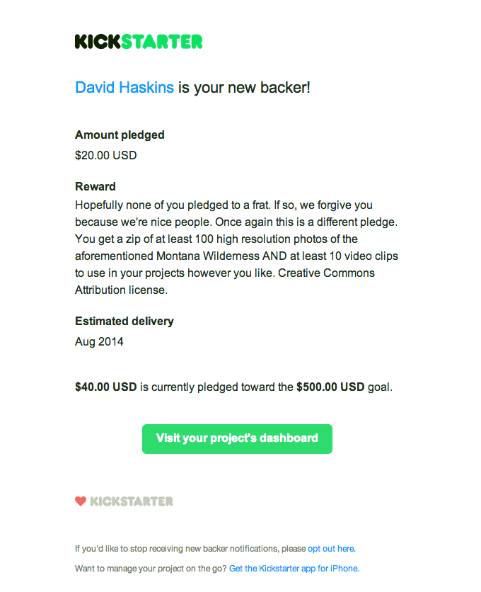New Backer Email Design from Kickstarter