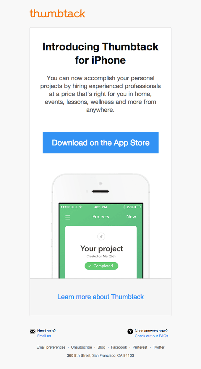 New iPhone App Product Email Design from Thumbtack