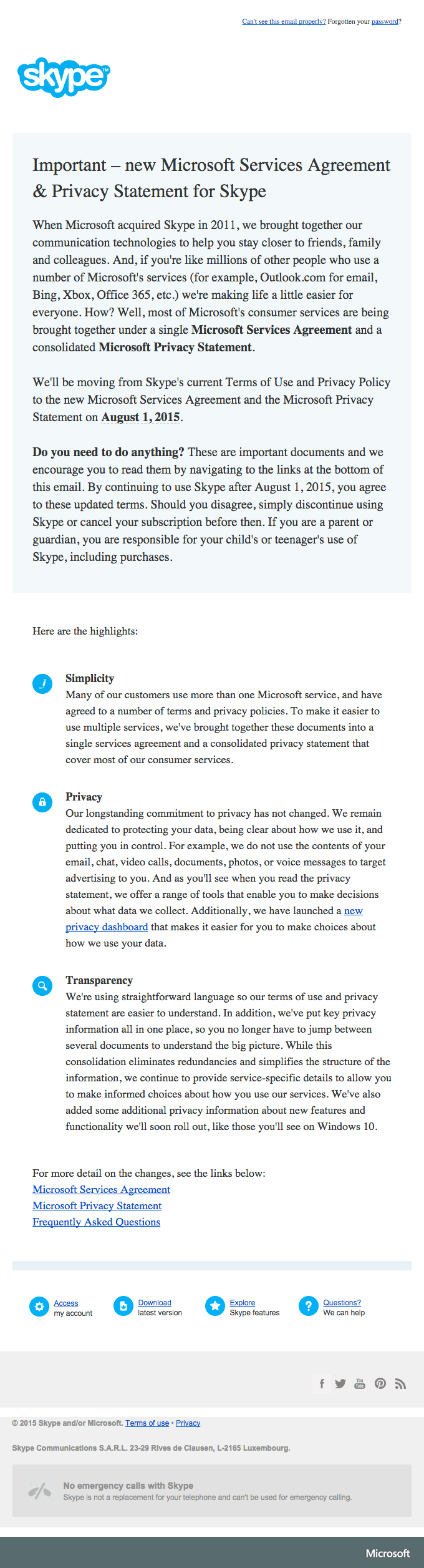 Important – new Microsoft Services Agreement & Privacy Statement for Skype