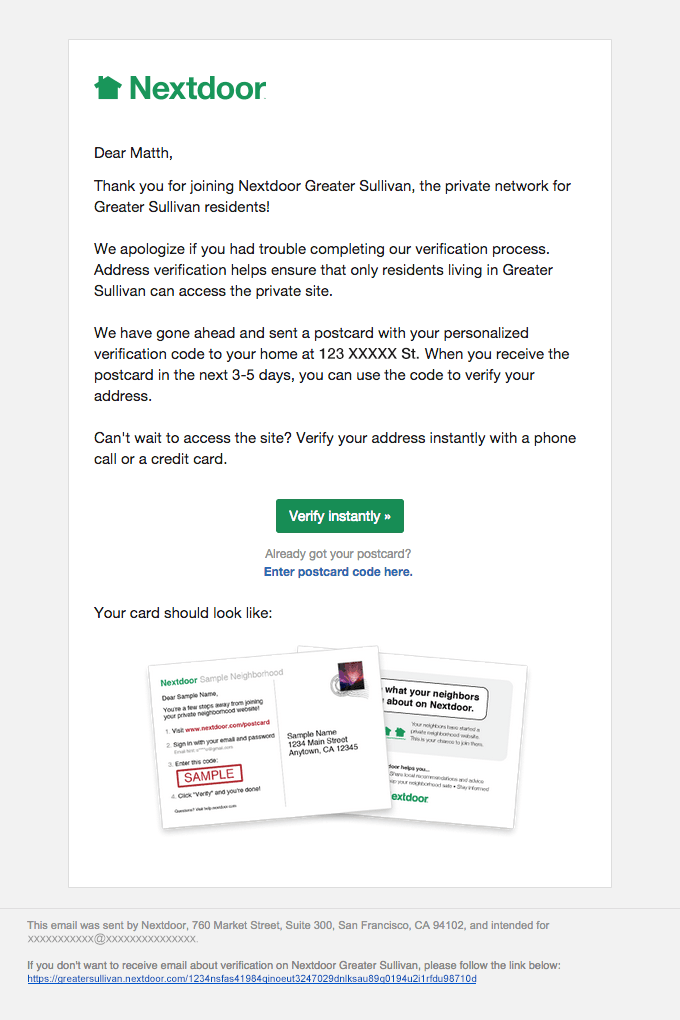 Matth, we have sent you a Nextdoor verification postcard.