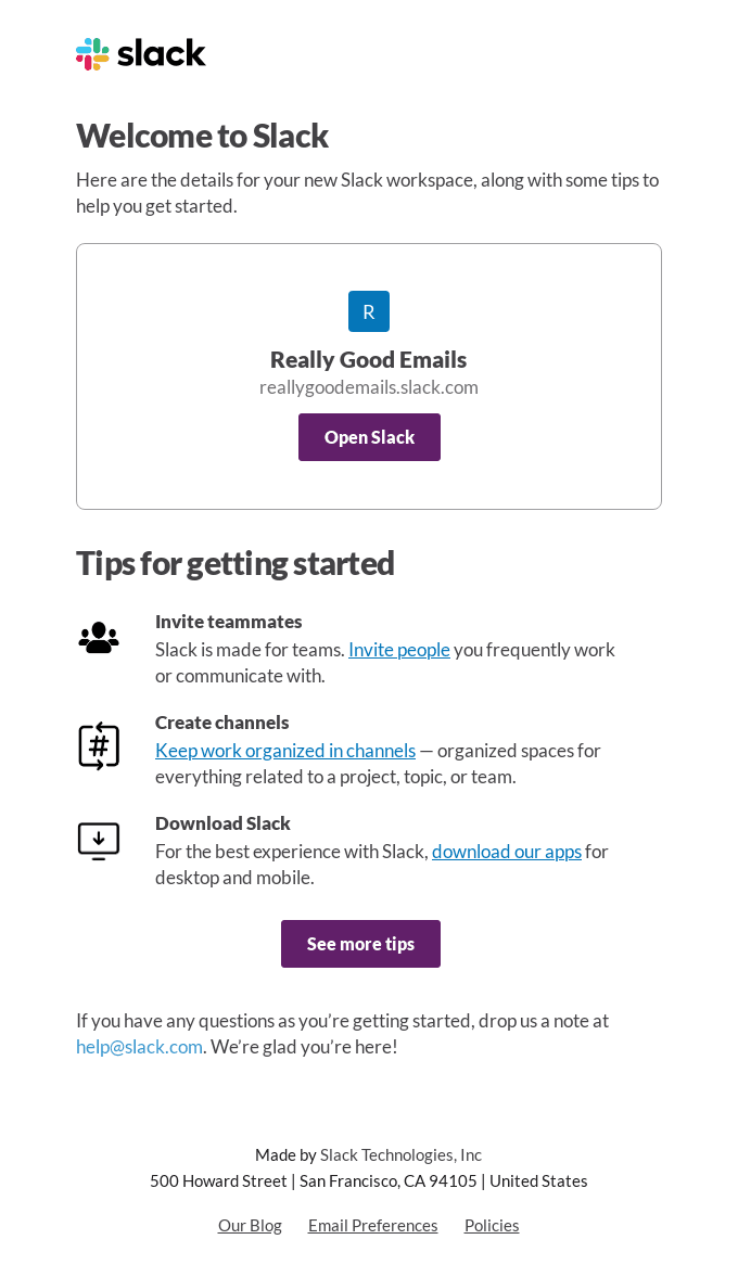 Really Good Emails on Slack: New Account Details