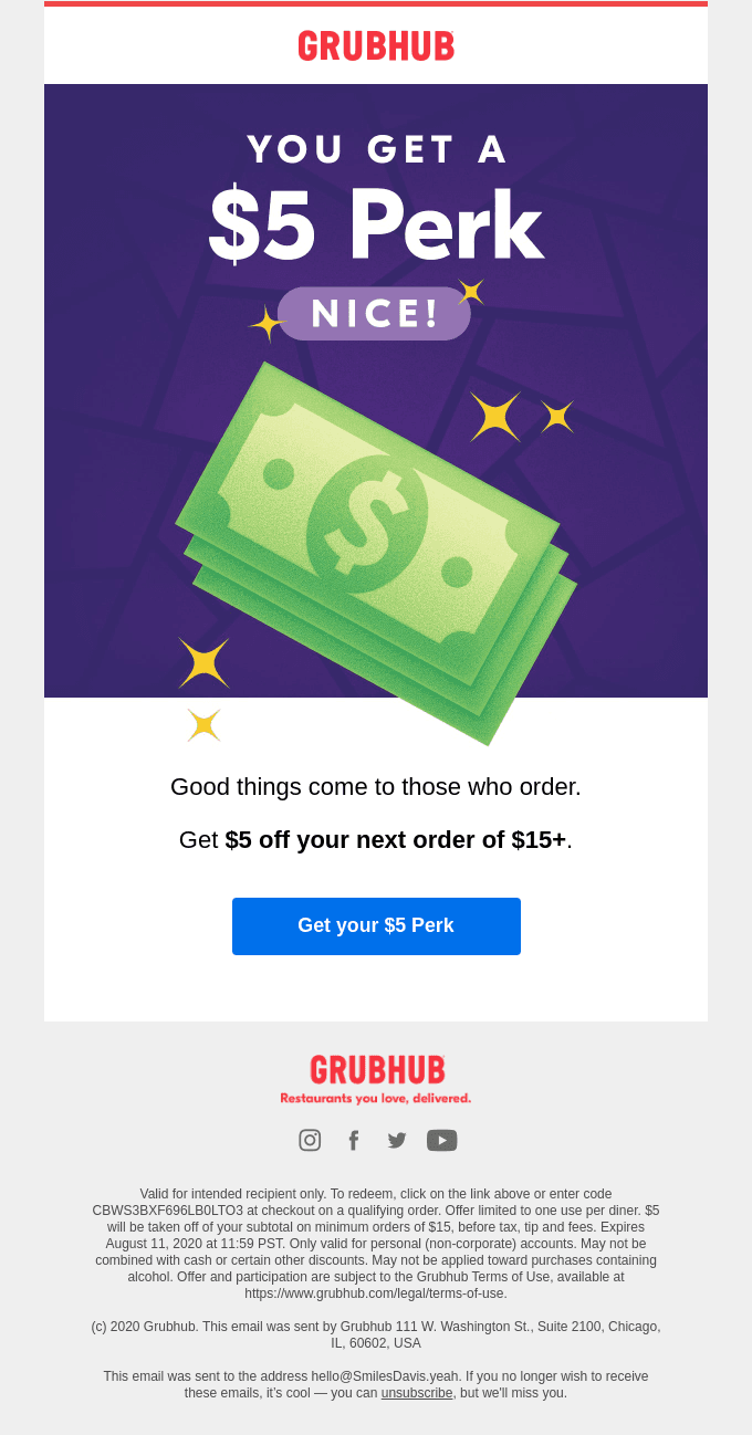 Order again and get a $5 Perk