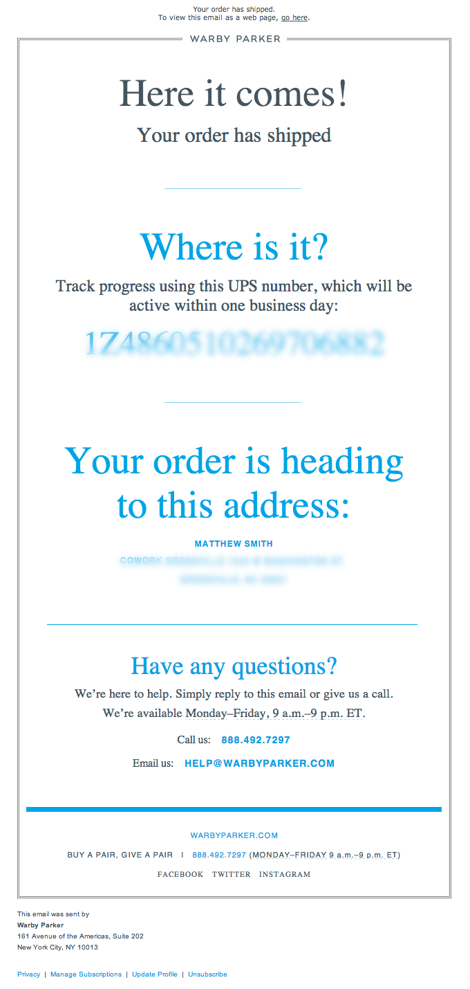 Order Shipped Email Design from Warby Parker
