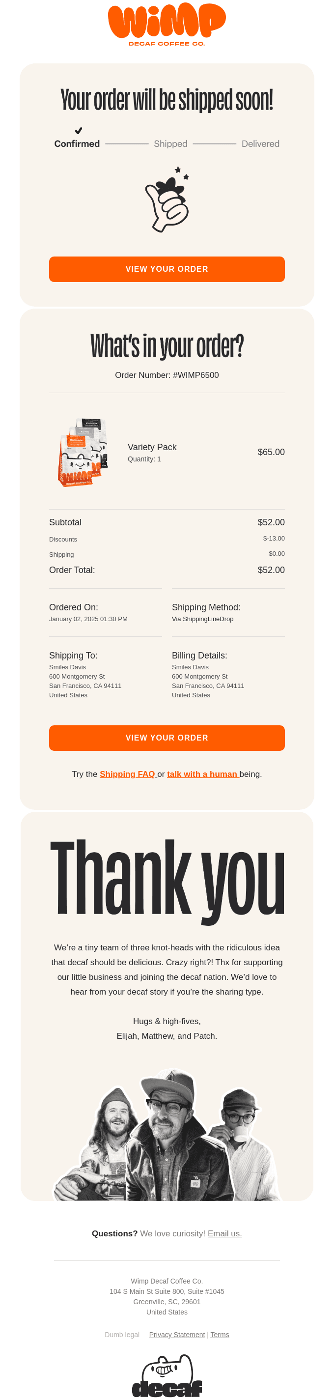 Order #WIMP6500 confirmed