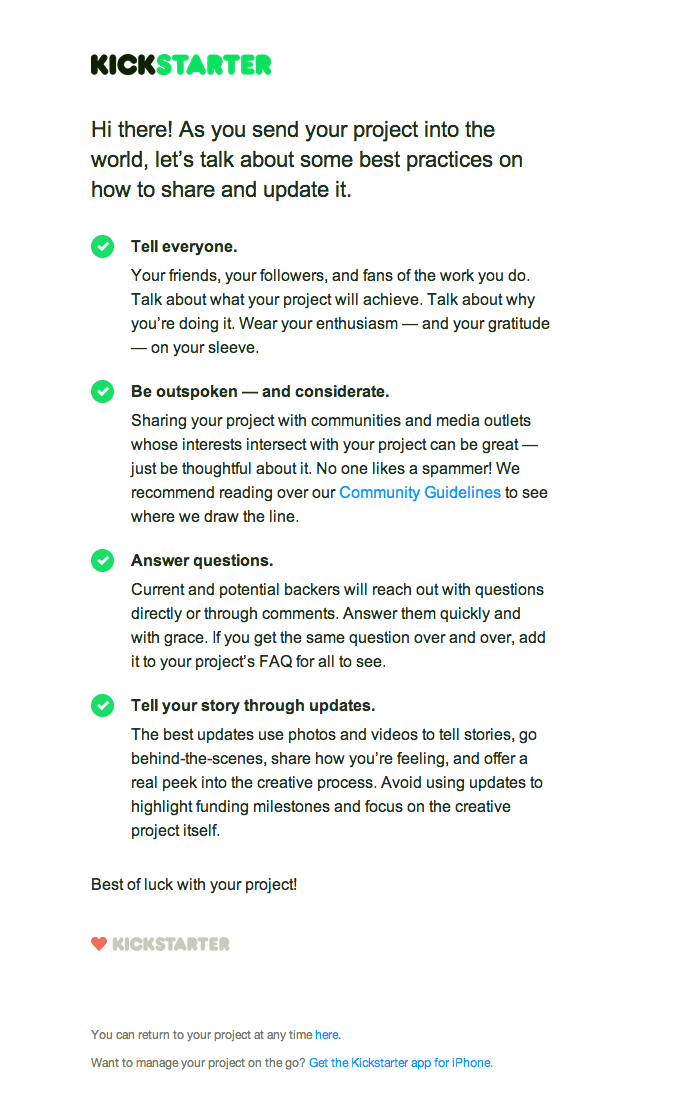 Project Onboarding Email Design from Kickstarter