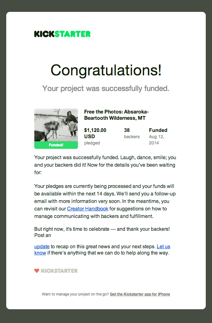 Project Success Email from Kickstarter