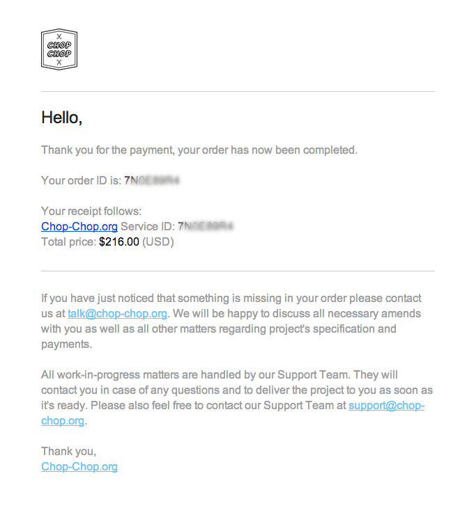 Receipt Email Design from Chop Chop