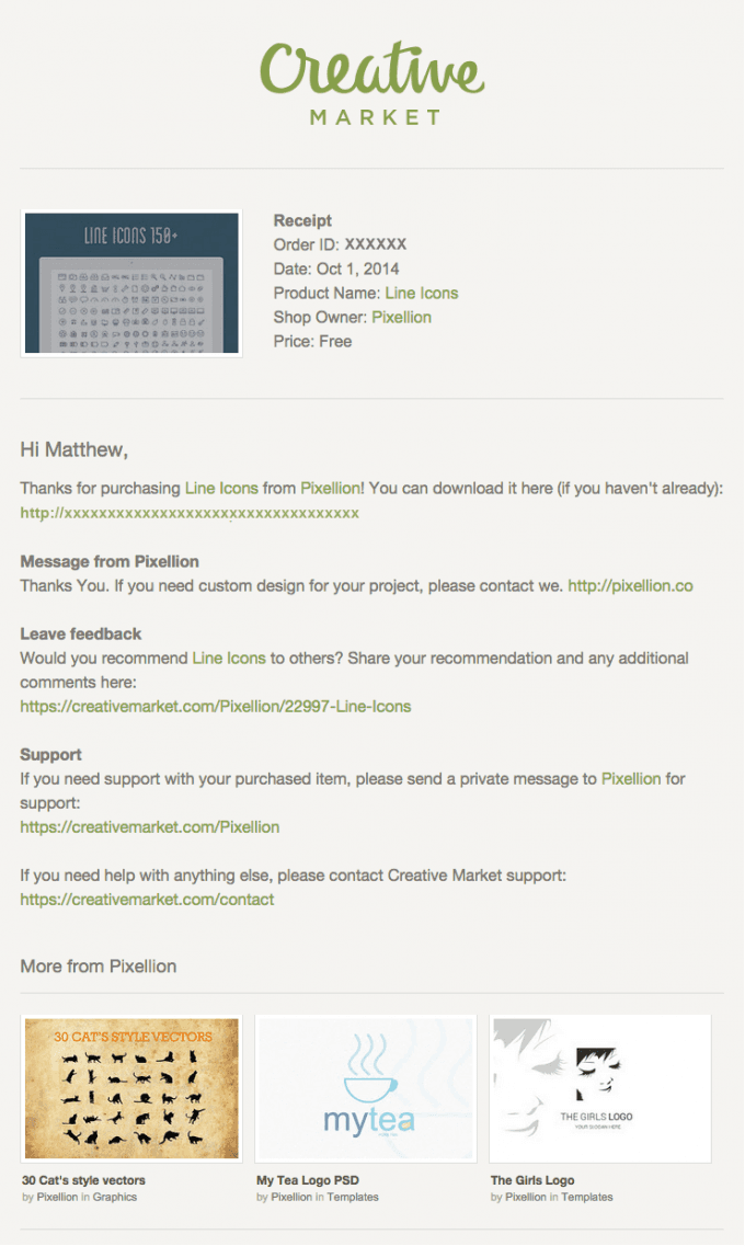 Receipt for “Line Icons” by Pixellion on Creative Market