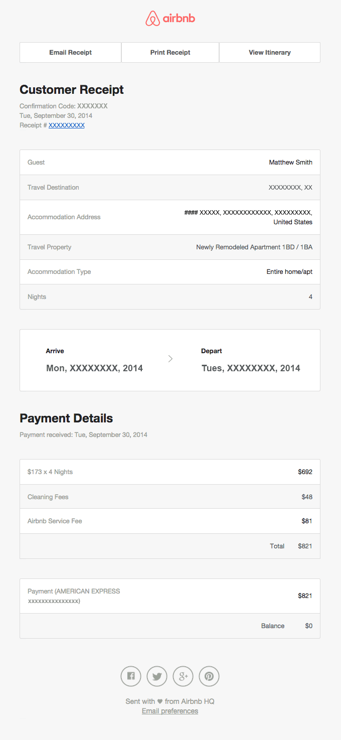 Billing receipt for reservation XXXXXX
