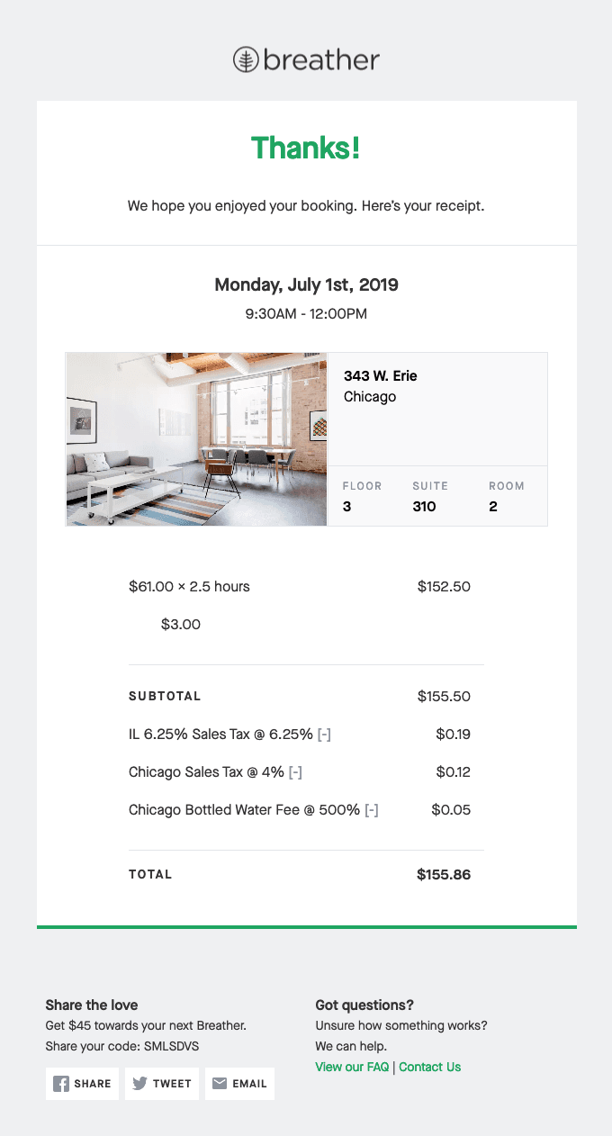 Receipt for your Breather stay