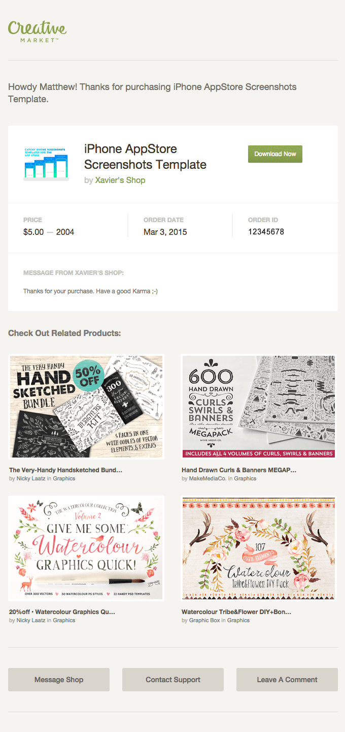 Receipt for “iPhone AppStore Screenshots Template” by Xavier’s Shop on Creative Market