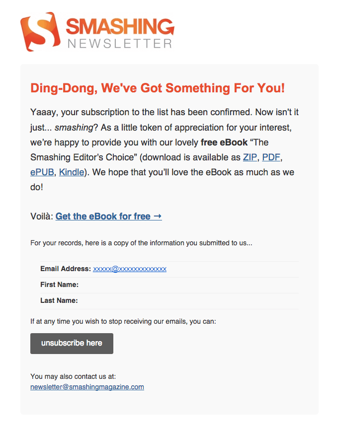 Smashing Email Newsletter: Subscription Confirmed
