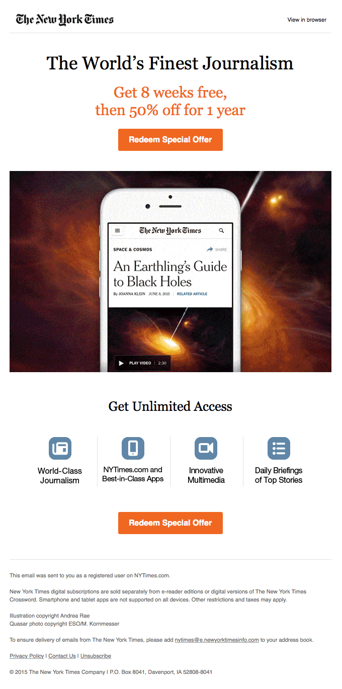Special Email Offer: Get 8 Weeks Free, Then 50% Off for 1 Year