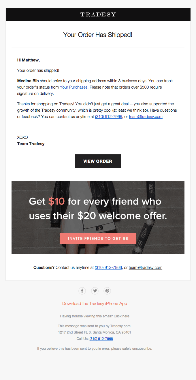 Tradesy Shipping Confirmation for Medina Bib