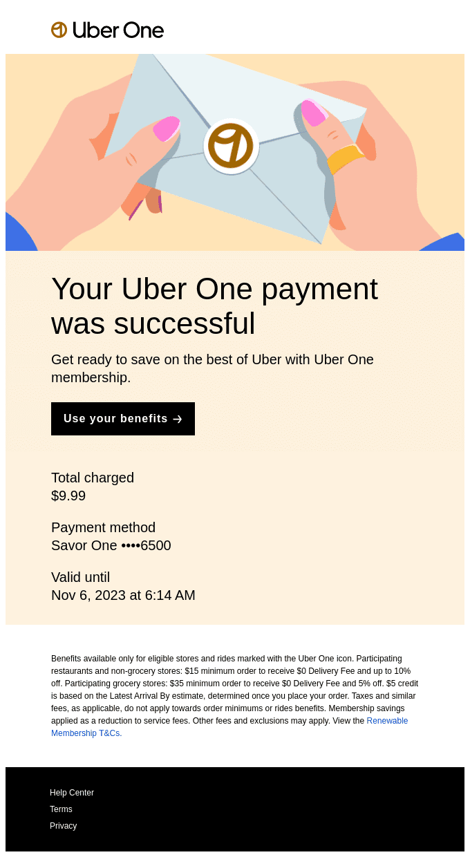 Uber One payment confirmation