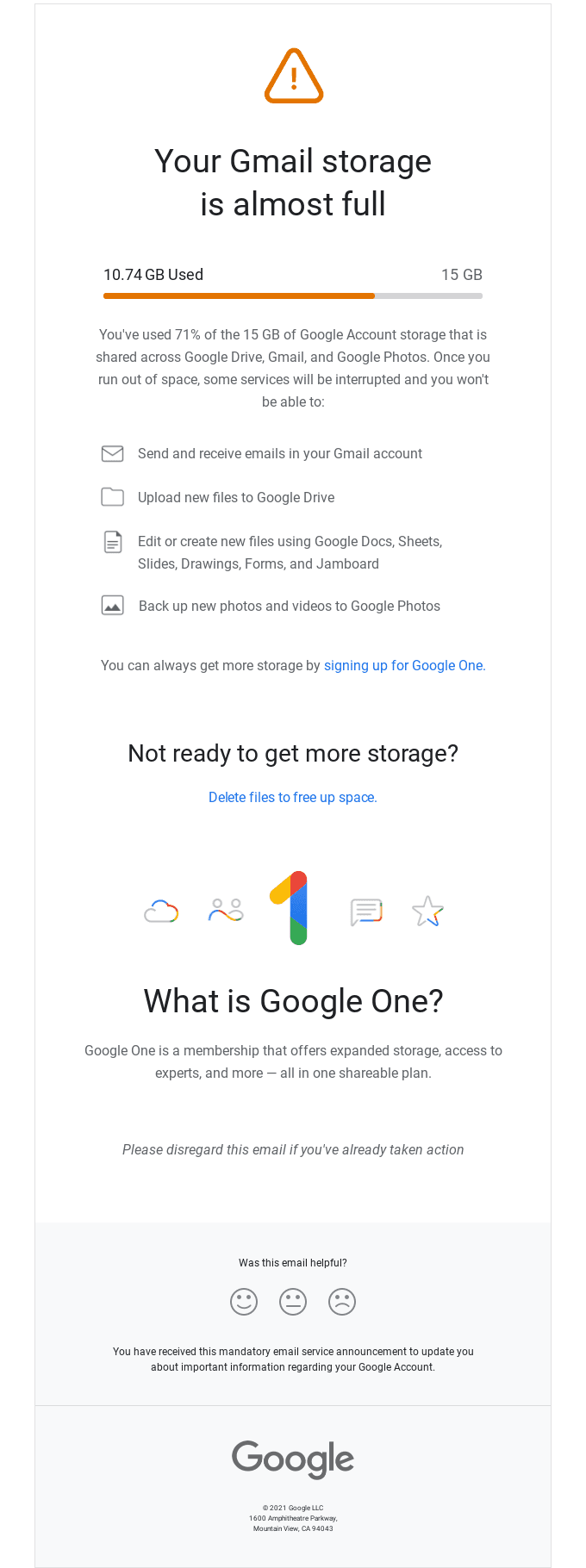 Your Gmail storage is 71% full