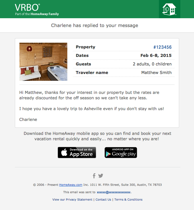 Your Inquiry: Feb 6 Through 8 – VRBO.com #123456
