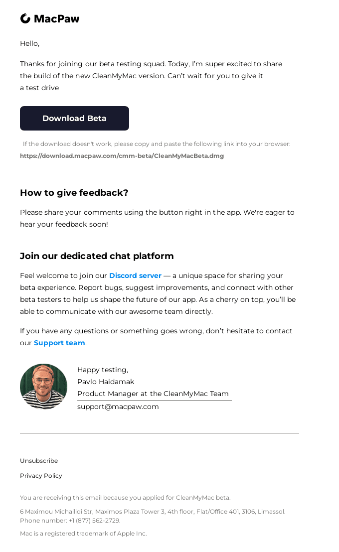Your link to CleanMyMac Beta