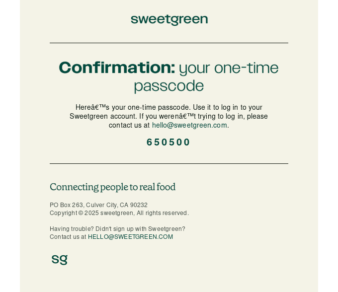 Your one-time passcode is 650500