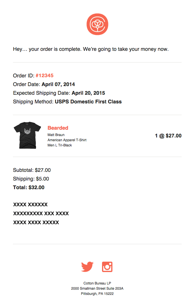 Your Cotton Bureau order has completed (#12345)