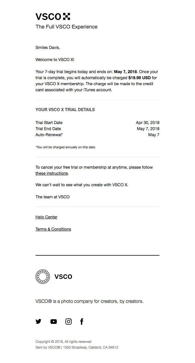 Your VSCO X Trial Receipt