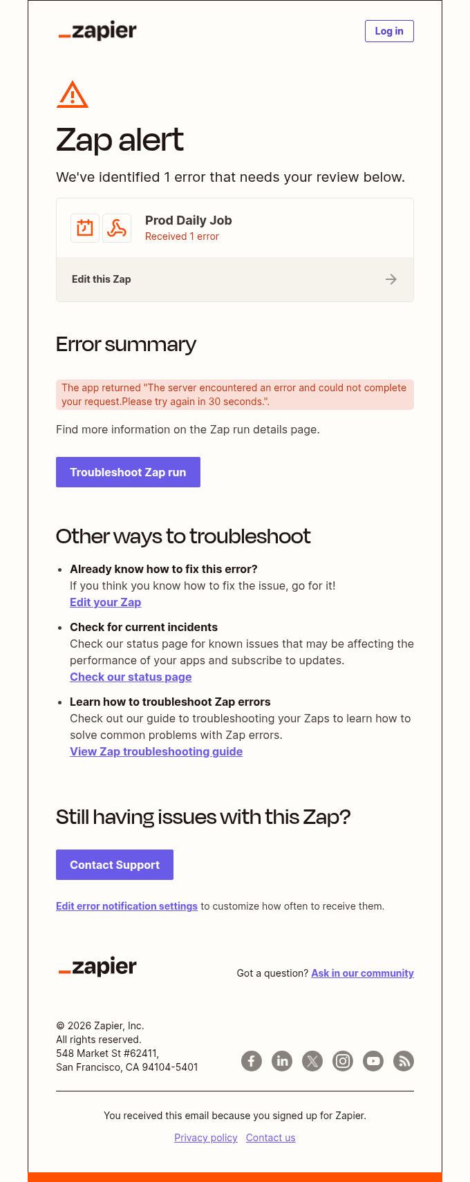[ALERT] Possible error on your Prod Daily Job Zap