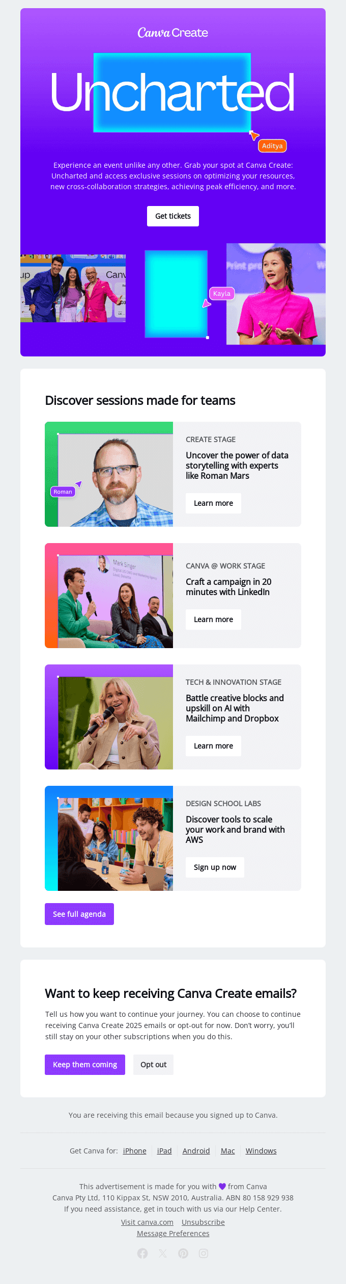 100+ speakers. All at Canva Create: Uncharted