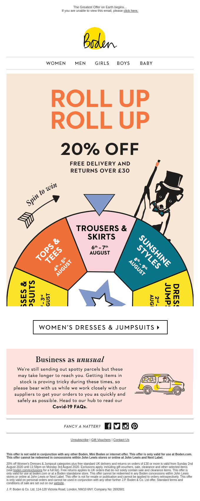 20% off women’s dresses. Step right up.
