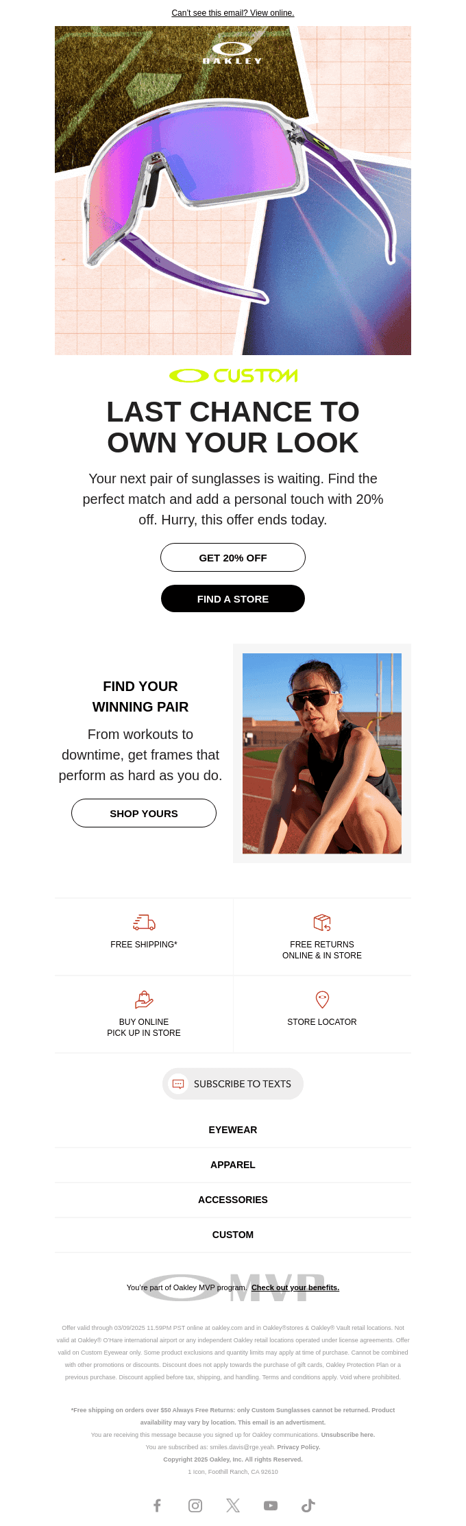 20% off your next sunglasses ends today.