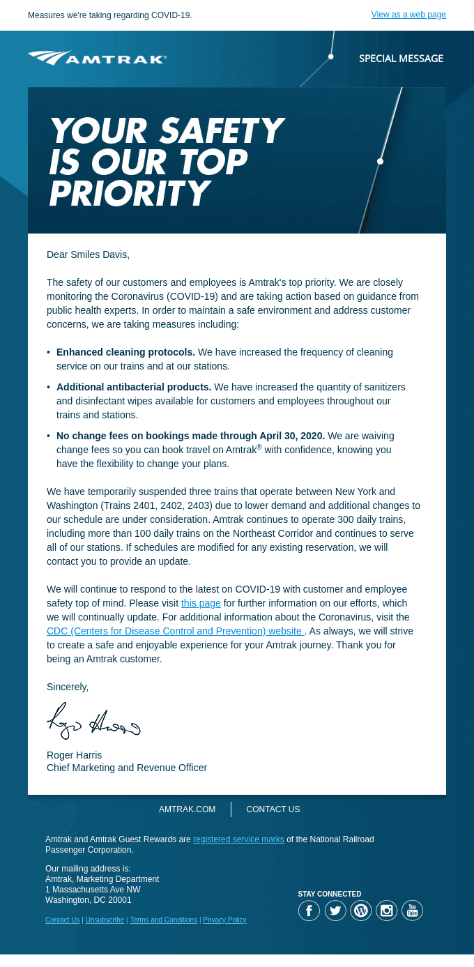 A message from Amtrak regarding the Coronavirus