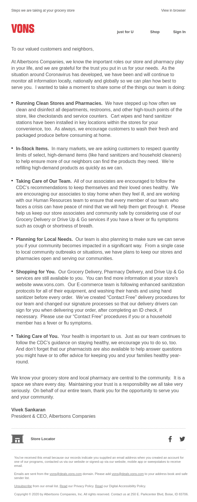 A Note to Our Customers from Vivek Sankaran at Albertsons Companies