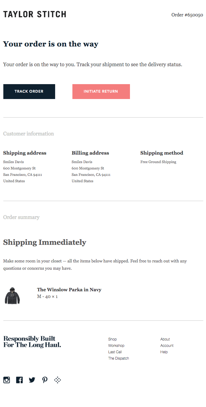 A shipment from order #650050 is on the way